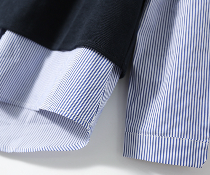 「兩色」「秋季新品 」M-2XL 條紋拼接錯位下擺假兩件襯衫
