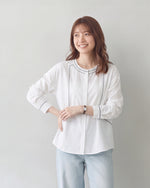 「秋季新品 」棉 100% 復古刺繡花線長袖襯衫 撞色線跡圓領襯衫
