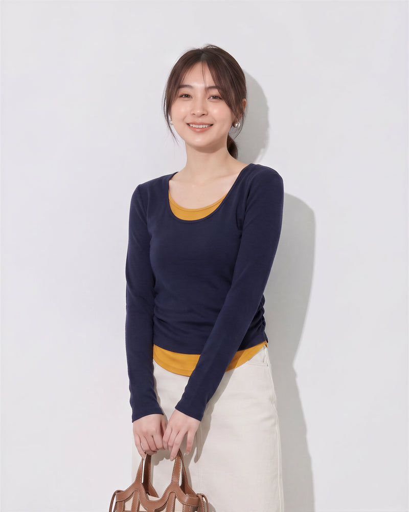 S-XL 深藍色疊穿感 | 圓領修身假兩件長袖T恤