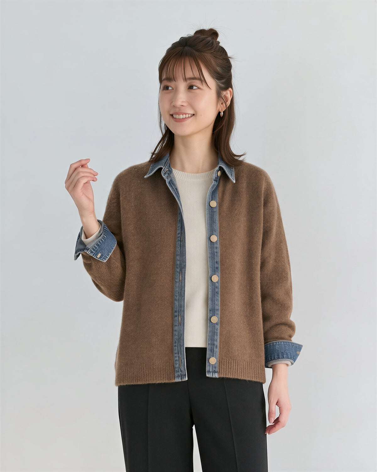 「3色」「秋季新品 」M-XL 拼接翻領短版針織開襟衫
