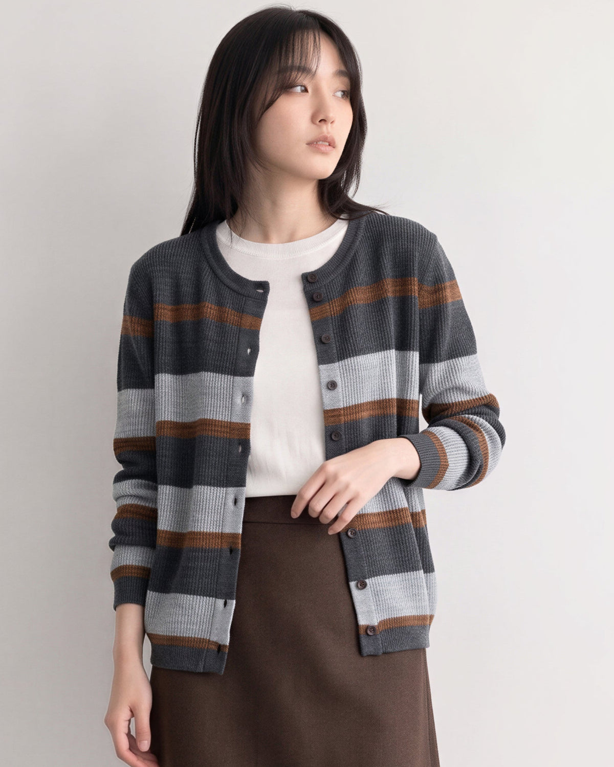 「秋季新品 」「兩色」圓領條紋撞色針織開襟衫