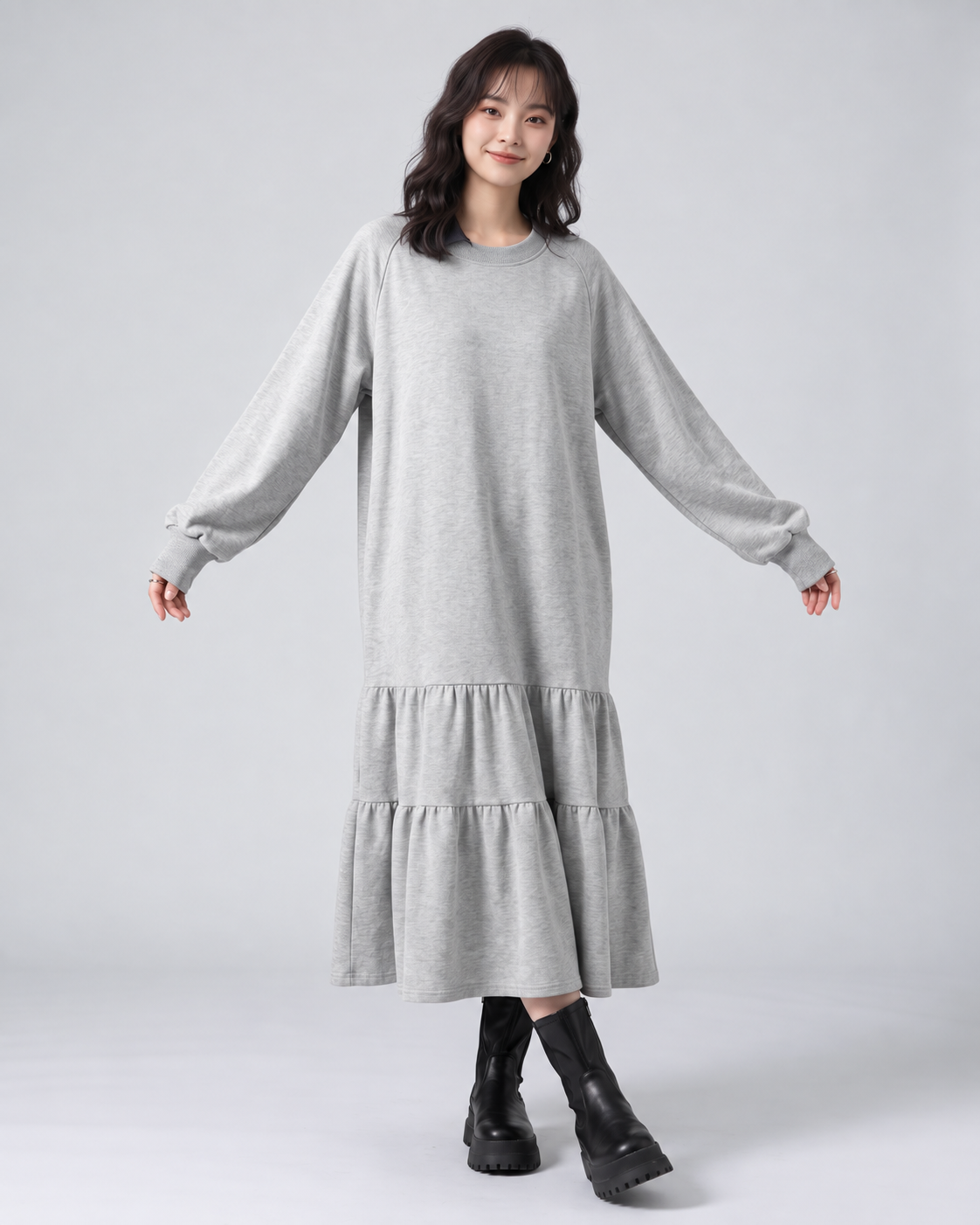 「秋季新品 」「3色」M-L 寬鬆落肩荷葉擺衛衣洋裝