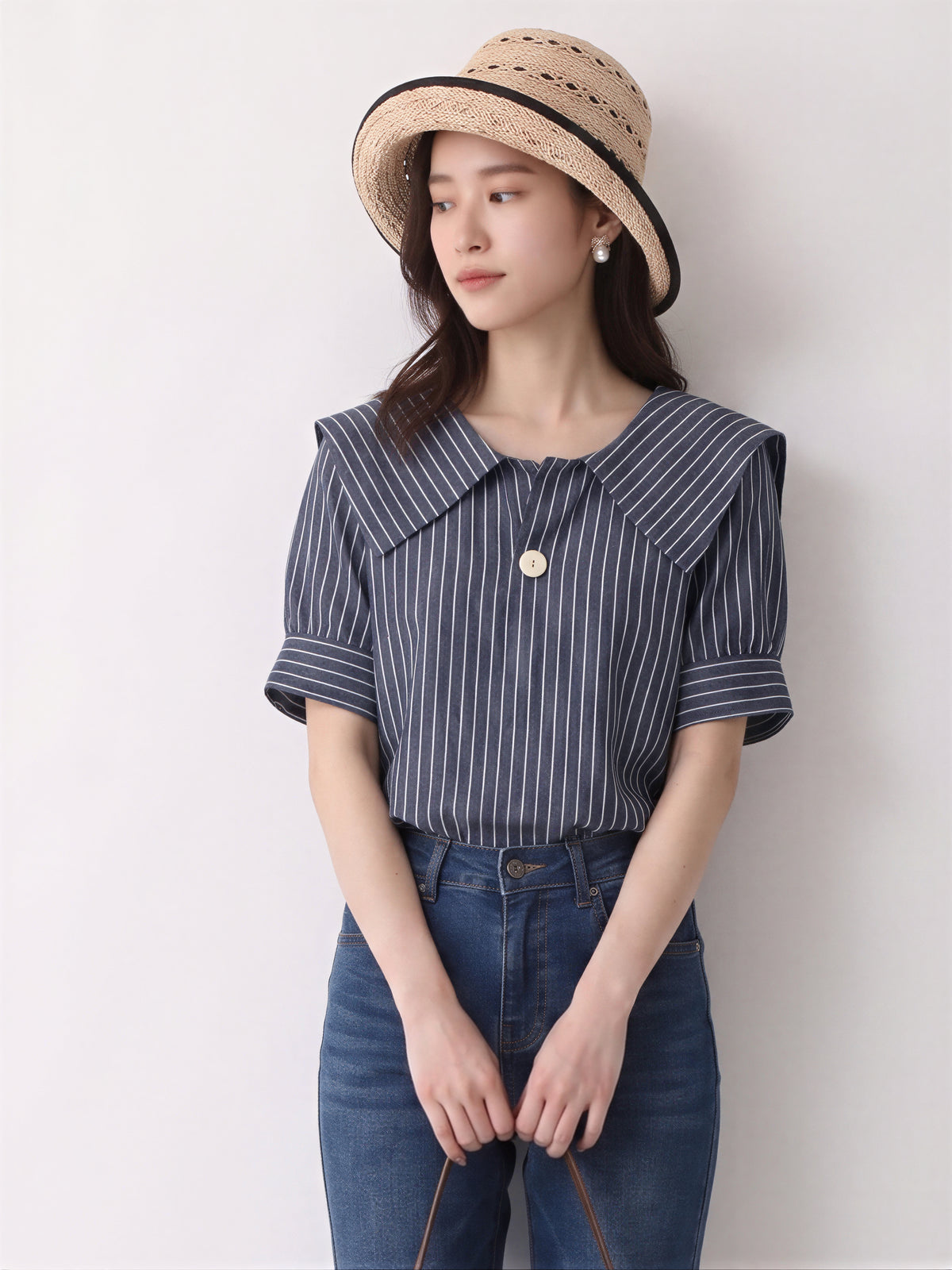 大翻領條紋襯衫-藍色-3XL