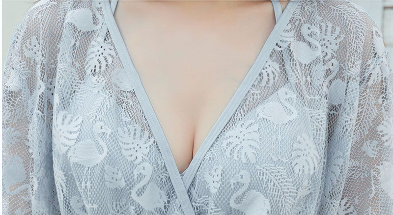 蕾絲拼接 荷葉裙襬 女式分體裙式泳衣（三件套，含外搭罩衫）