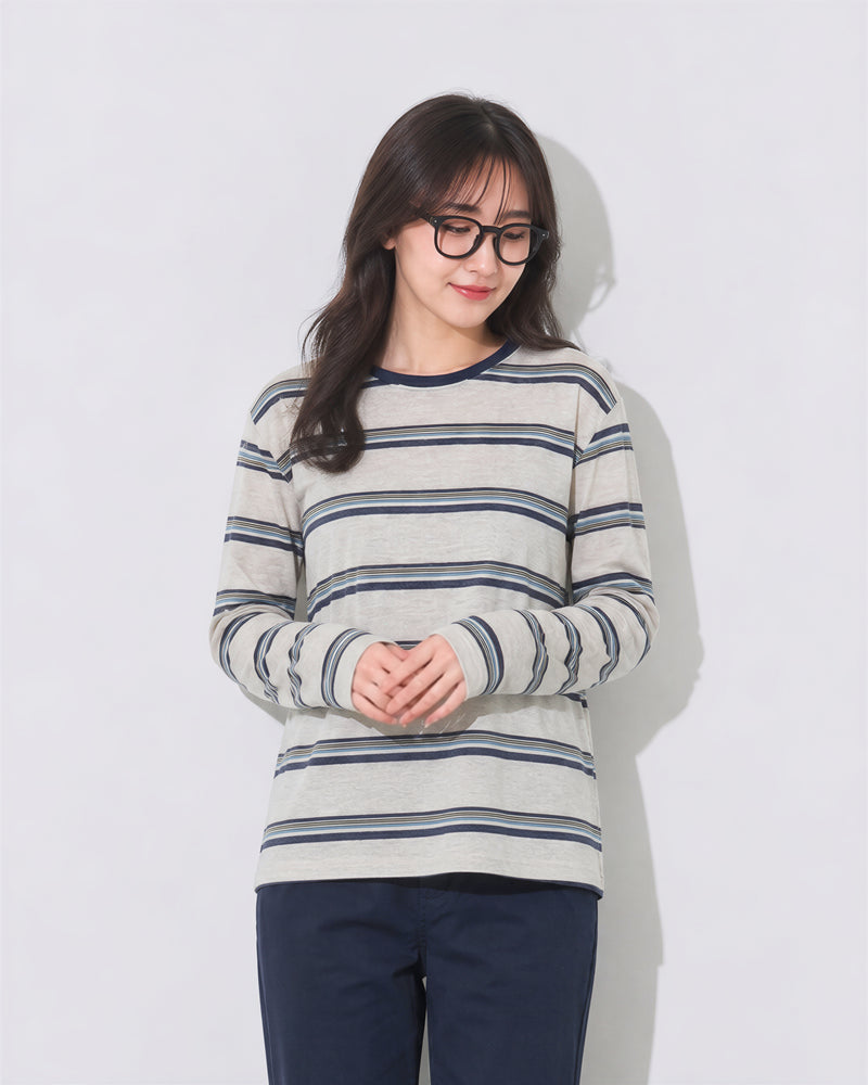 S-XL 灰米色條紋圓領寬鬆長袖T恤