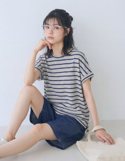 寬鬆落肩條紋T恤-藍色-2XL