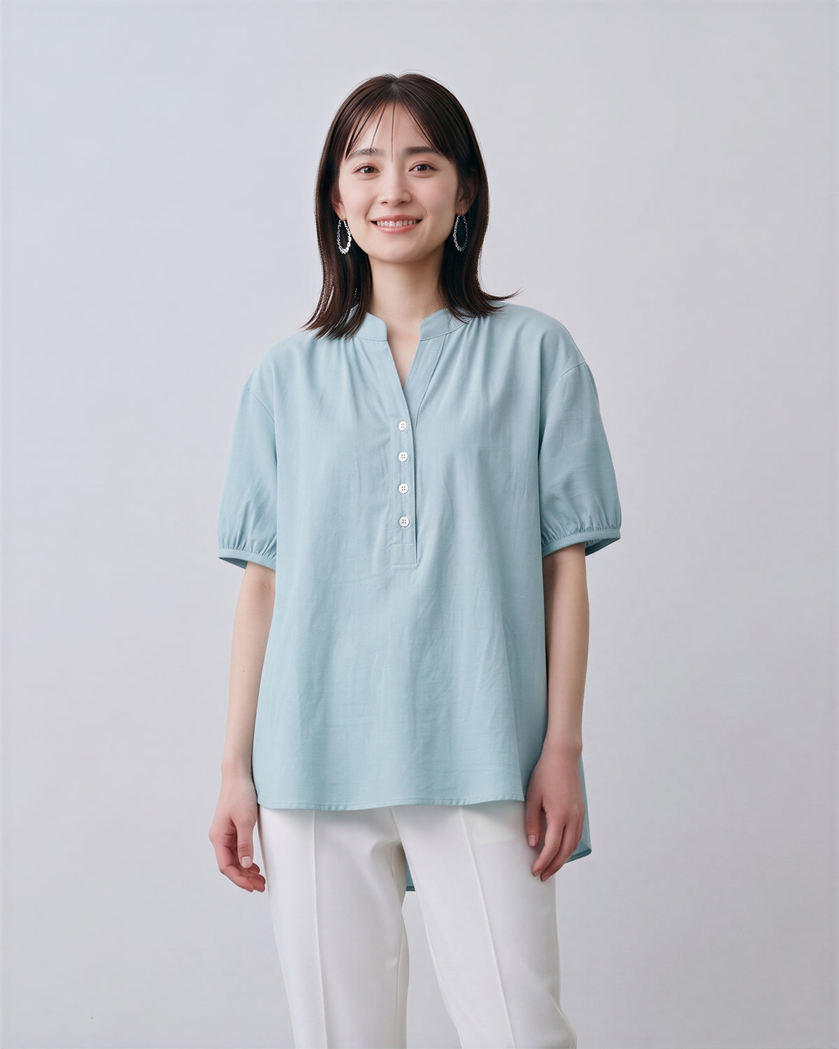 立領半開襟泡泡袖短袖襯衫-淺藍色-2XL