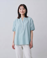 立領半開襟泡泡袖短袖襯衫-淺藍色-2XL