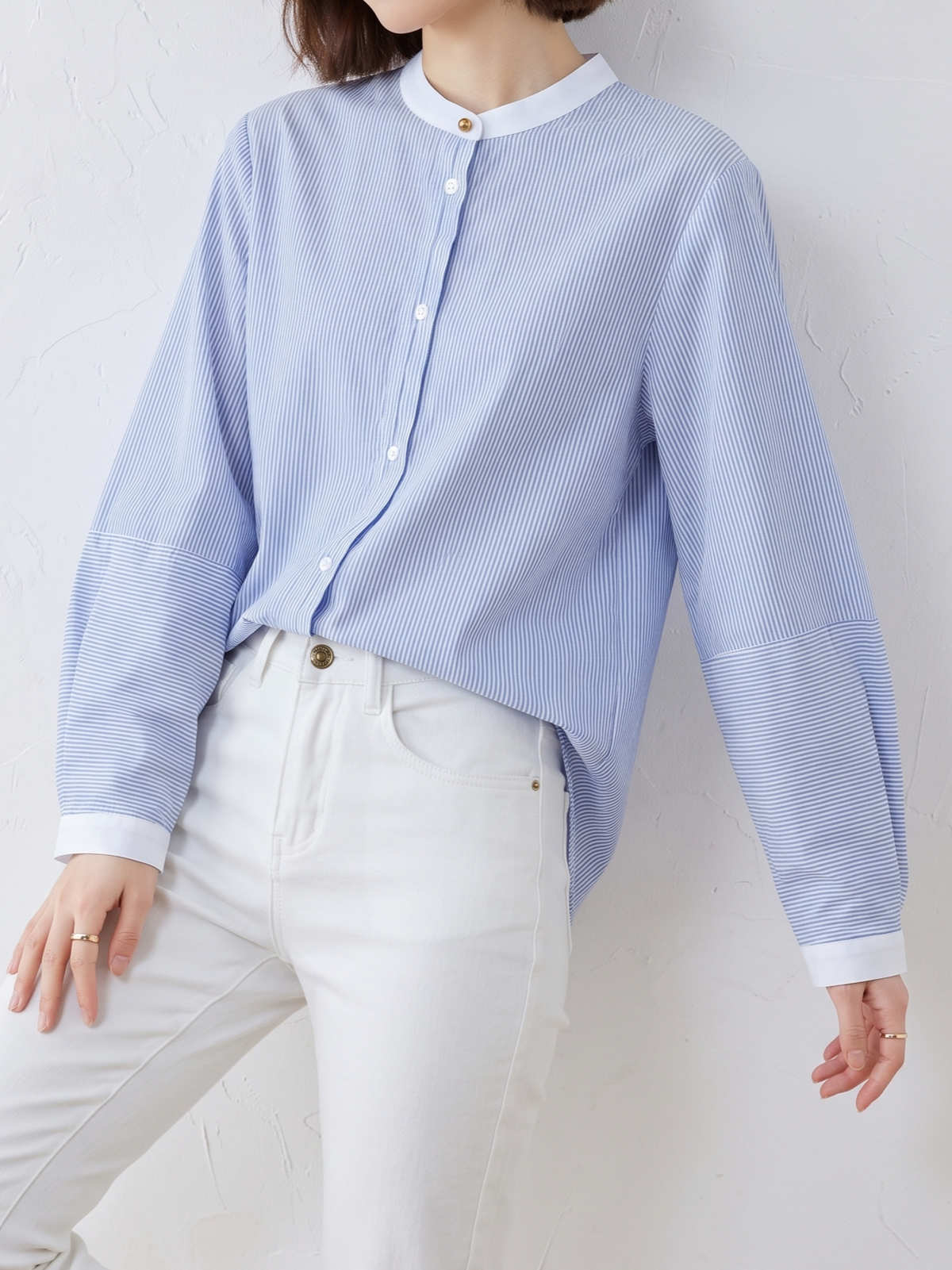 「秋季新品 」 M-2XL 立領條紋燈籠袖襯衫