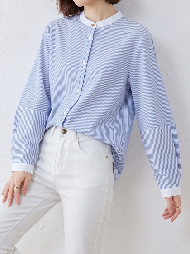 「秋季新品 」 M-2XL 立領條紋燈籠袖襯衫