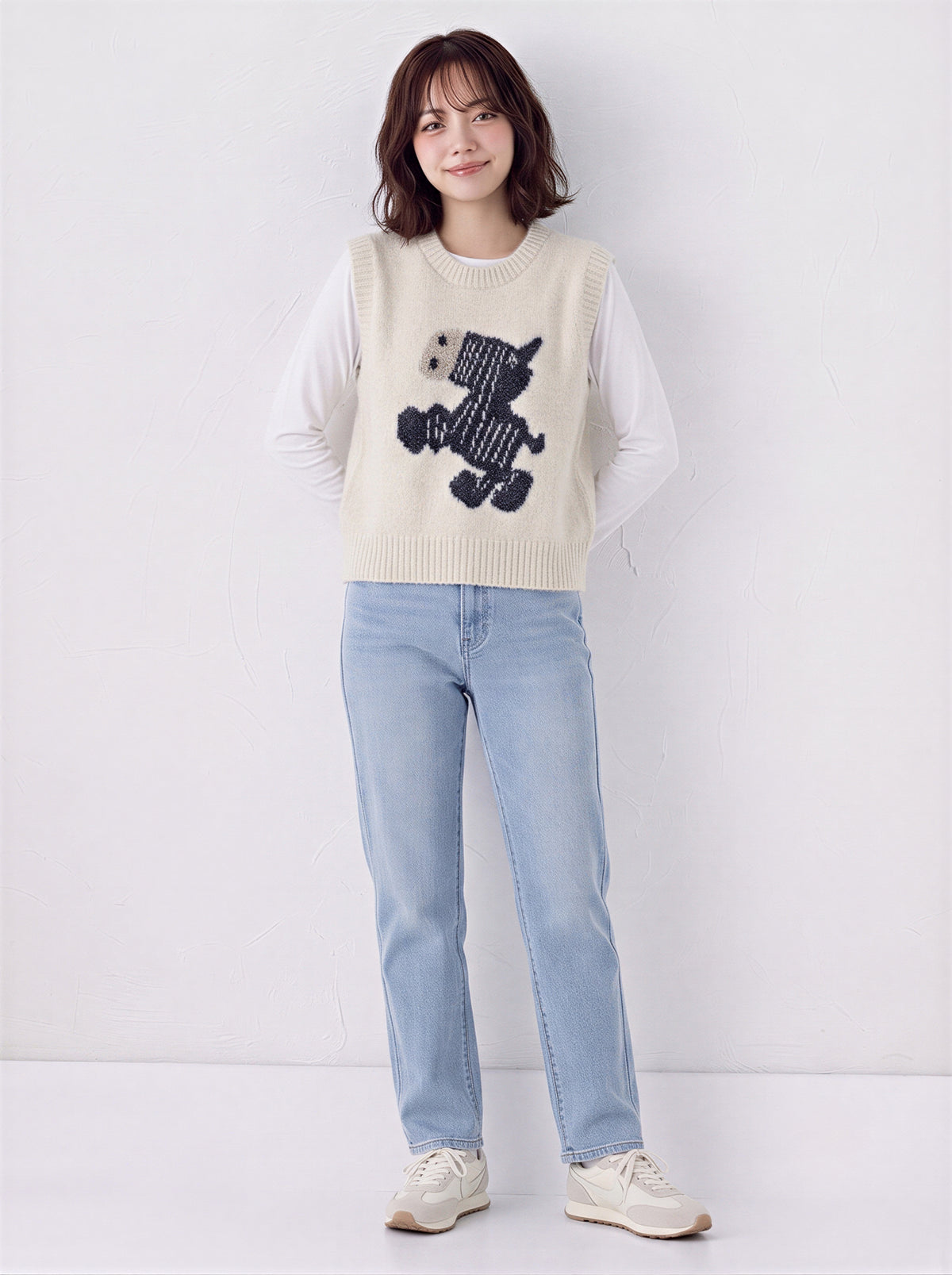 可愛小馬絨感  提花寬鬆針織背心