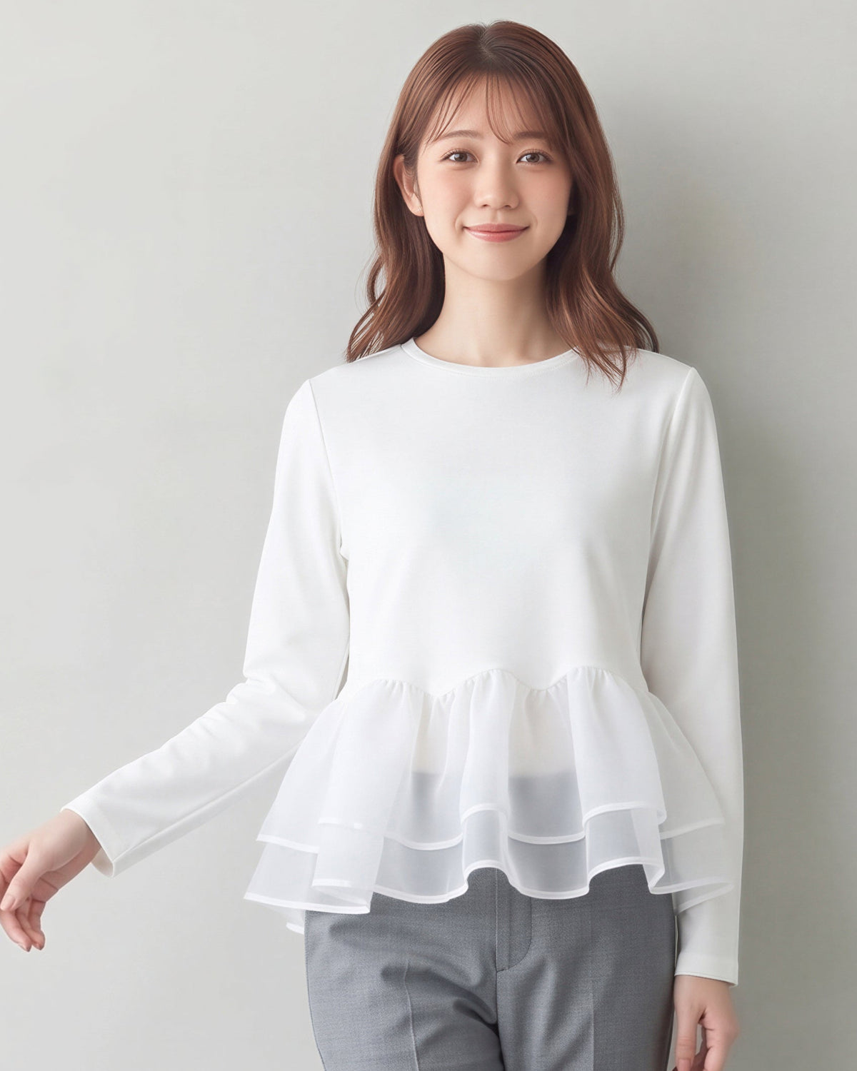 「秋季新品 」「3色」M-L 網紗拼接荷葉下擺假兩件長袖T恤