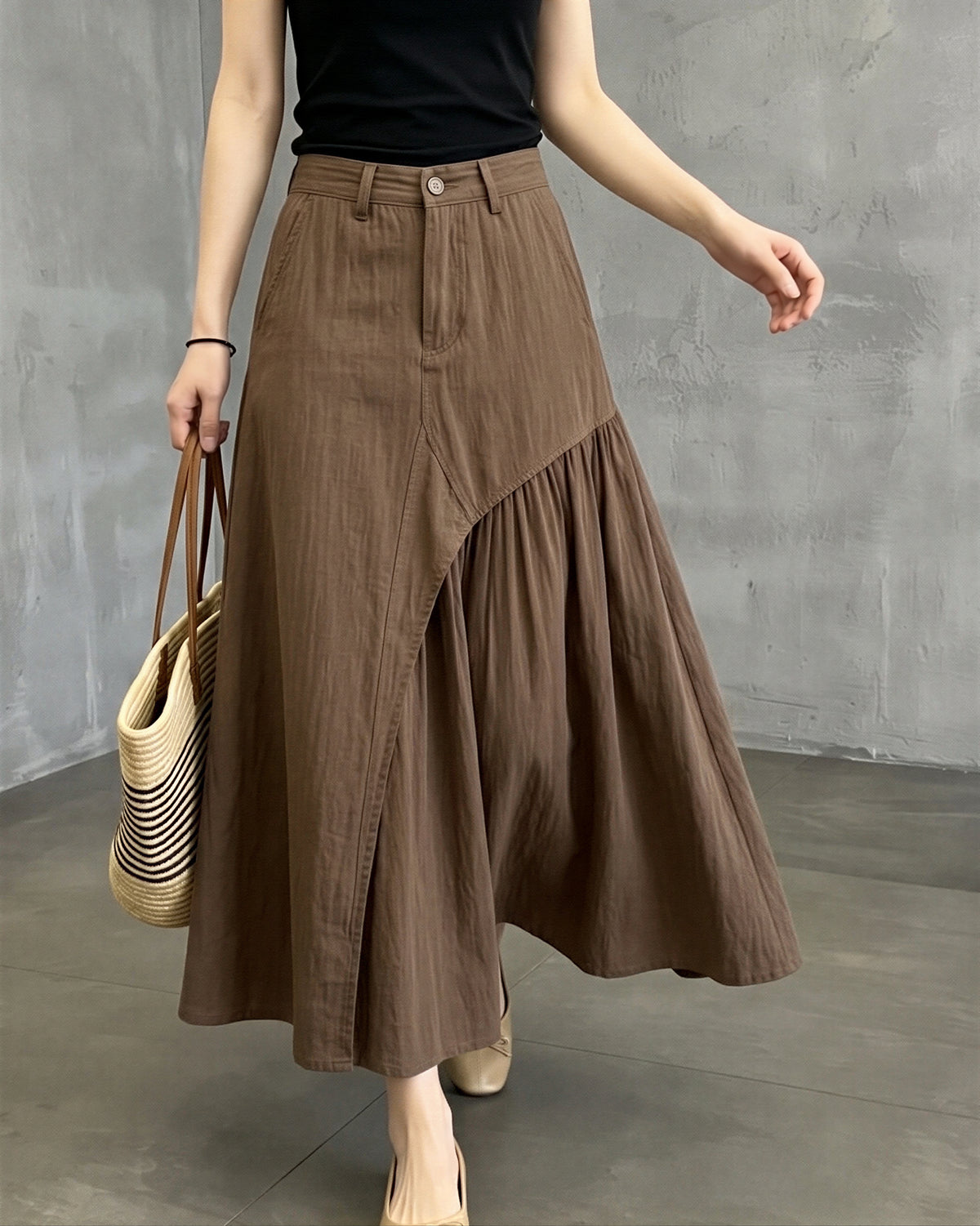 「秋季新品 」「兩色」S-XL  不規則拼接壓褶A字長裙