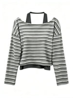 「兩色」S-XL 斜肩露膚條紋假兩件T恤