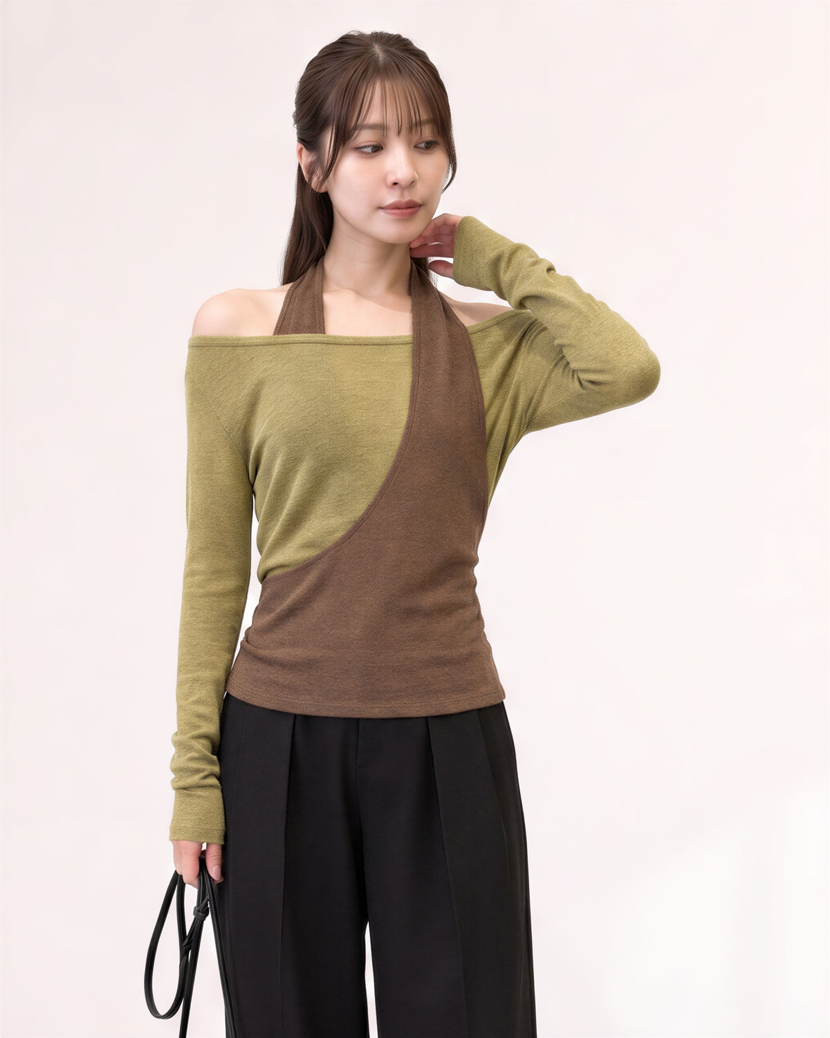 S-XL 斜裁掛脖露肩假兩件T恤