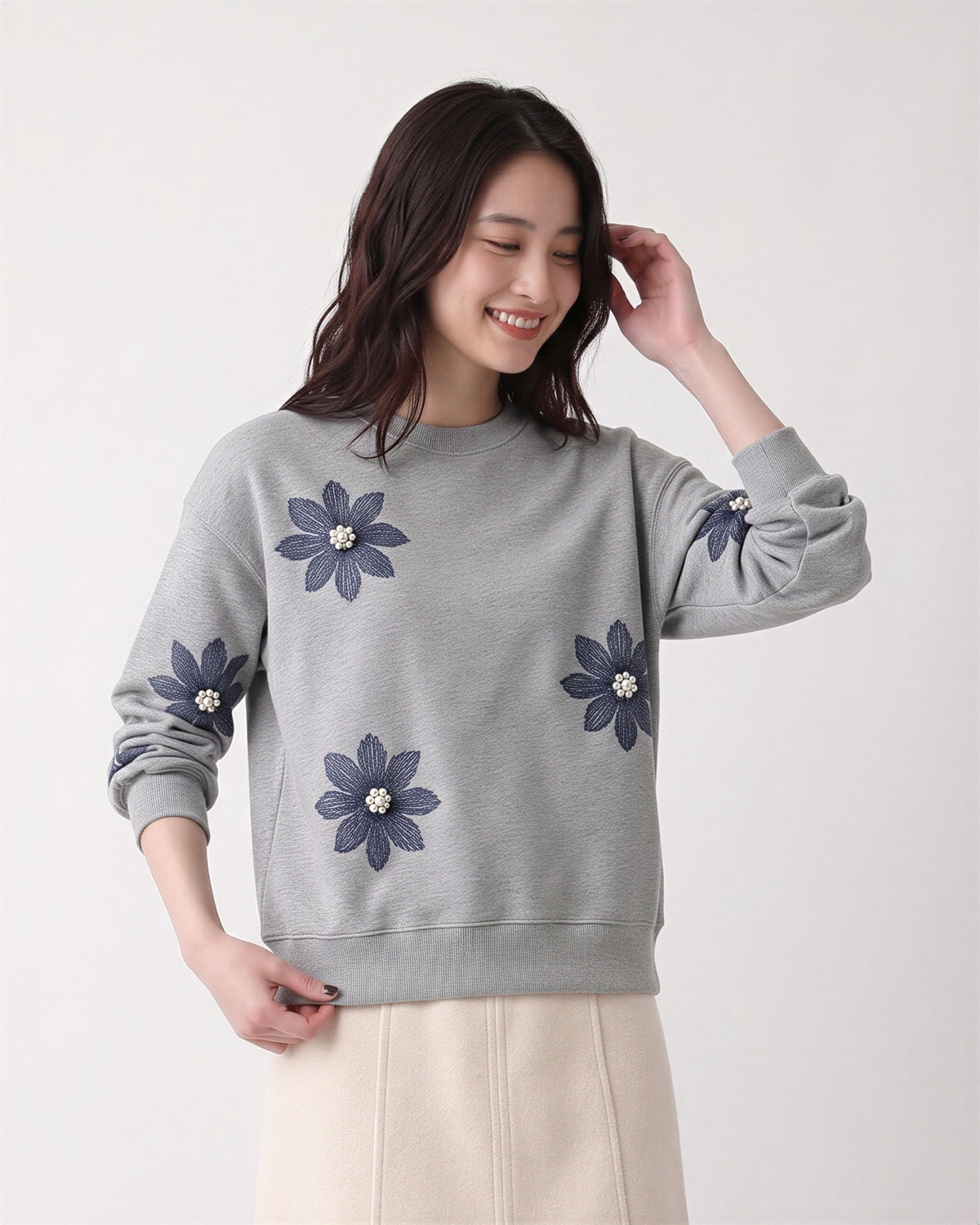 「秋季新品 」S-3XL 立體花朵寬鬆灰色衛衣