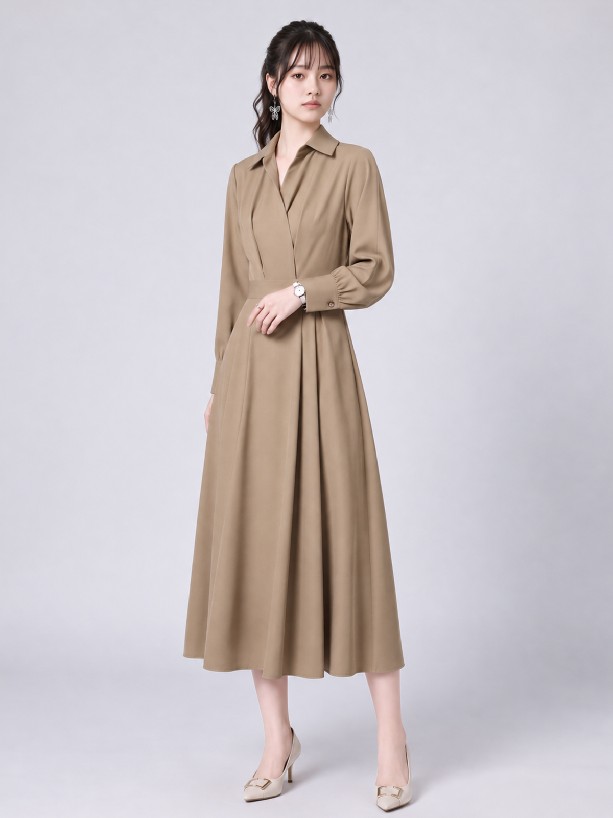 「秋季新品 」「兩色」S-XL 收腰褶襉翻領襯衫洋裝