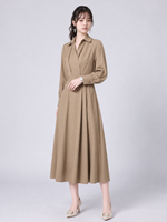 「秋季新品 」「兩色」S-XL 收腰褶襉翻領襯衫洋裝