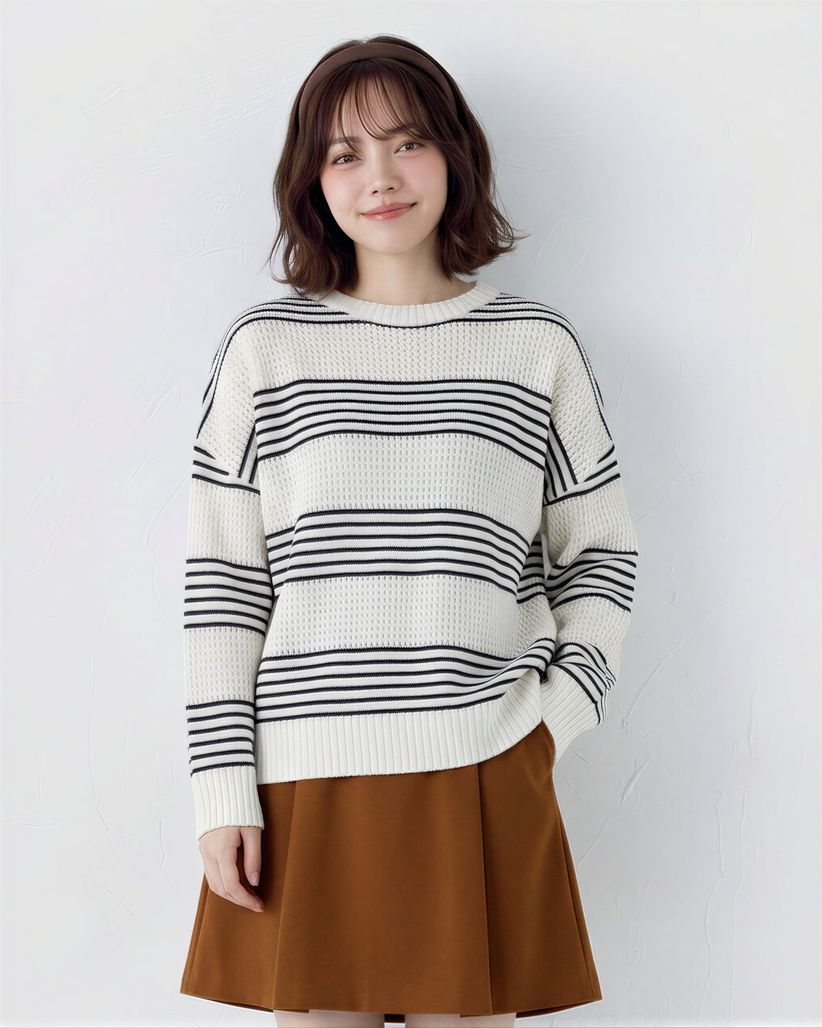 「秋季新品 」「兩色」條紋寬鬆落肩針織衫