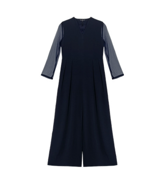 「秋季新品 」「兩色」S-2XL 品質兩件式 網紗拼袖上衣 + 寬褲連身褲 套裝