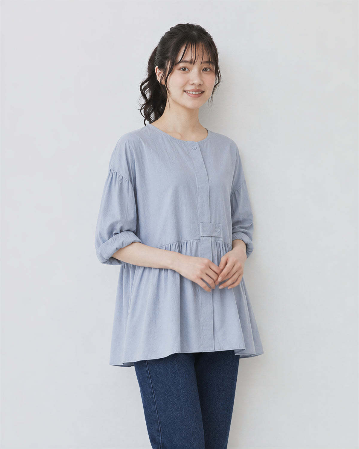 「秋季新品 」圓領收腰褶襬襯衫