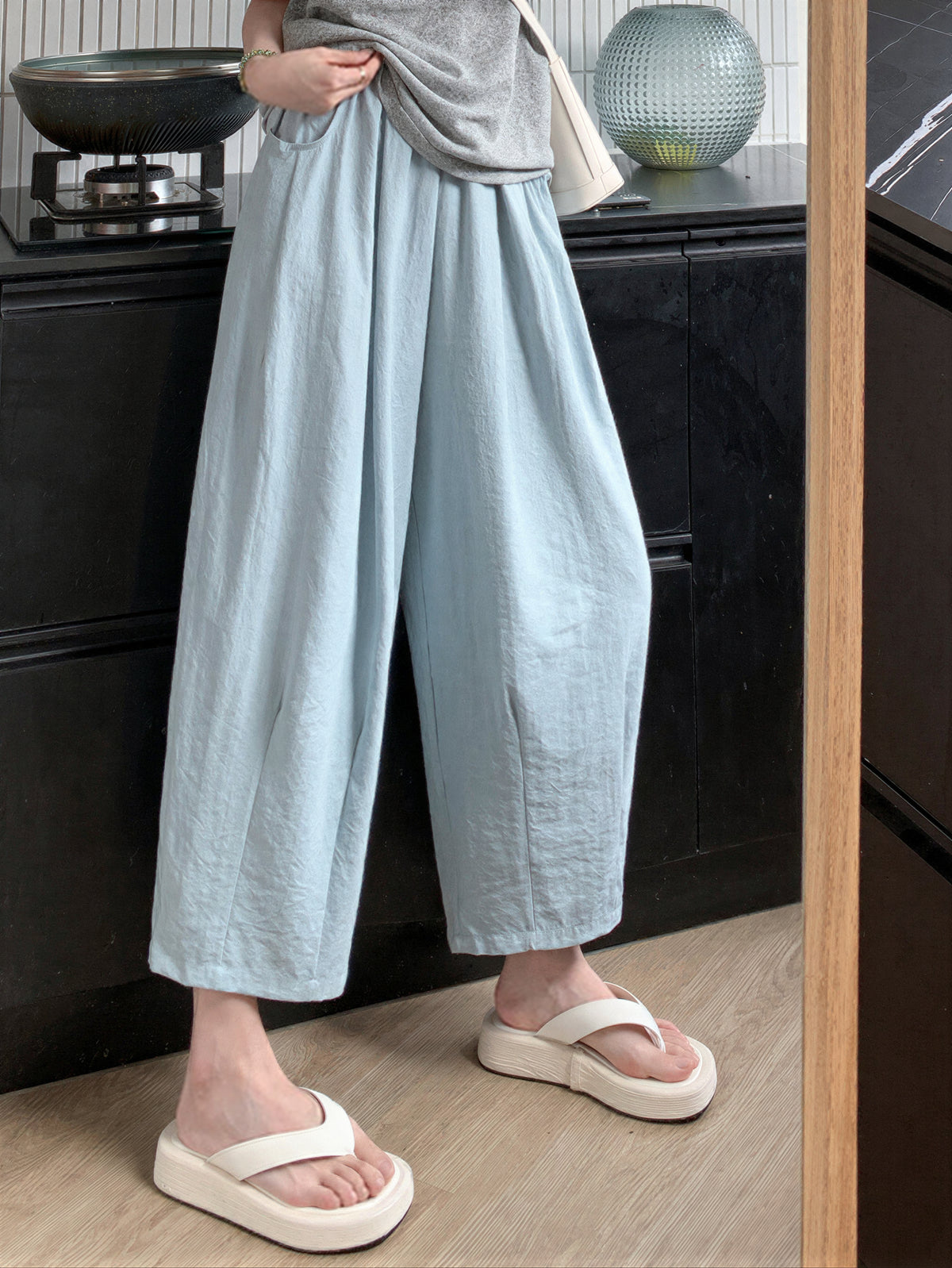 S-XL 高腰寬鬆褶感寬褲