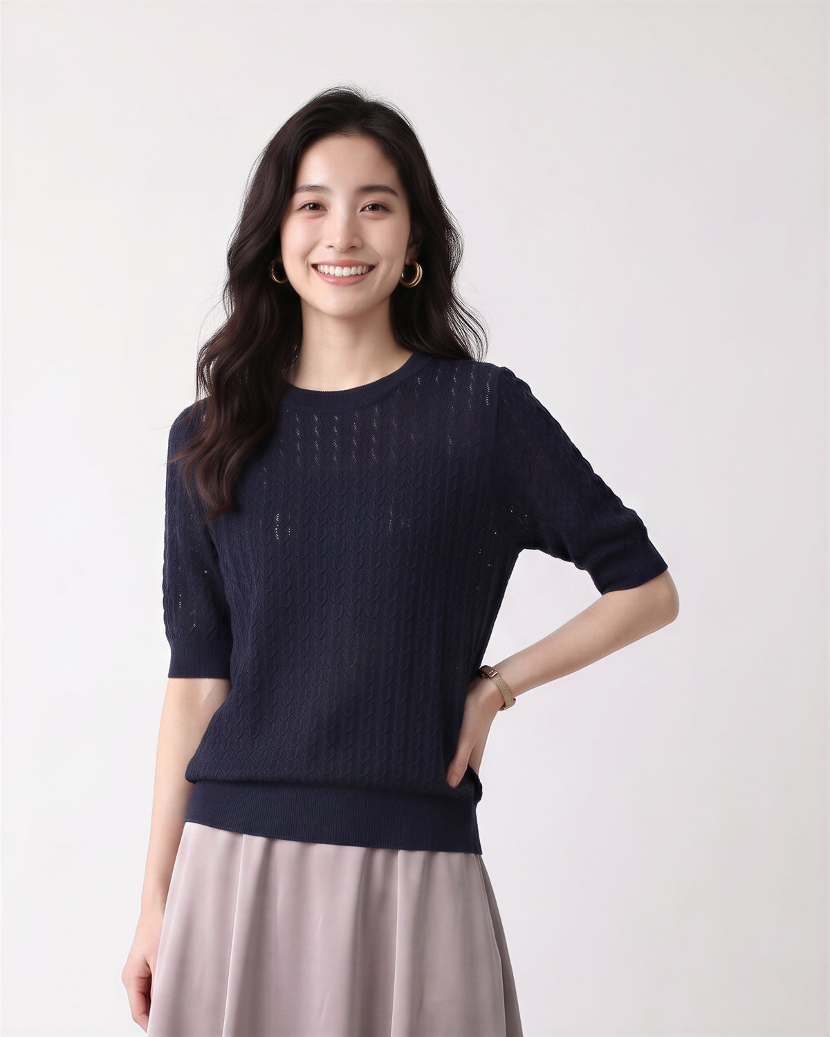 M-XL 鏤空提花圓領針織衫