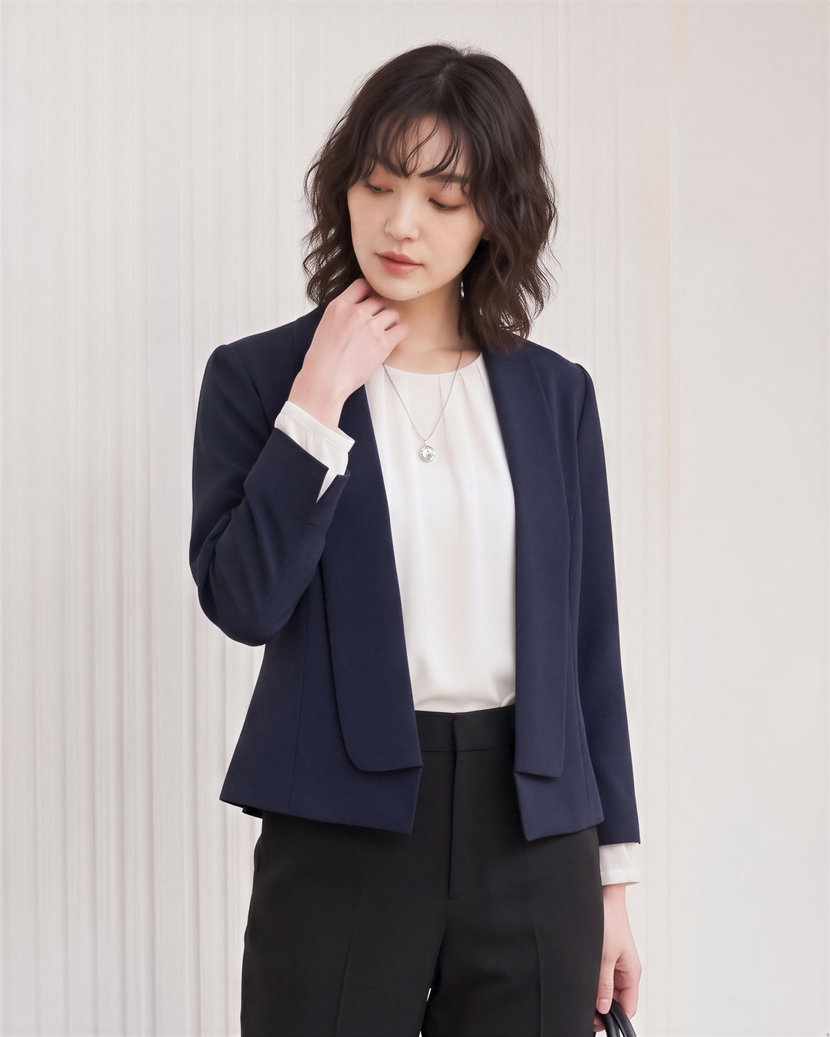 短版開襟七分袖西裝外套-藏青色-2XL