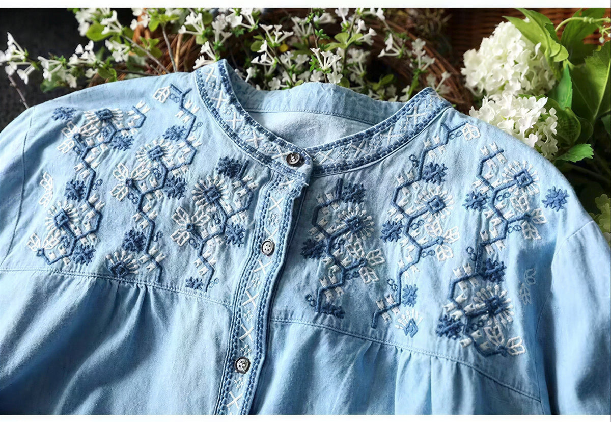 「秋季新品 」 M-2XL 刺繡立領寬鬆襯衫