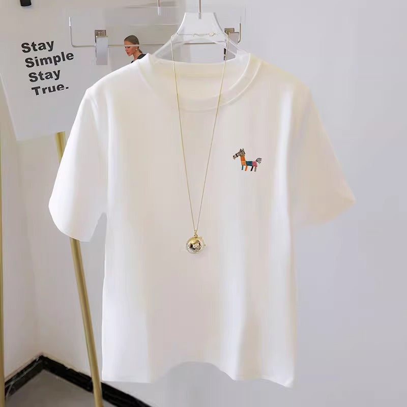 簡約圓領小馬刺繡T恤