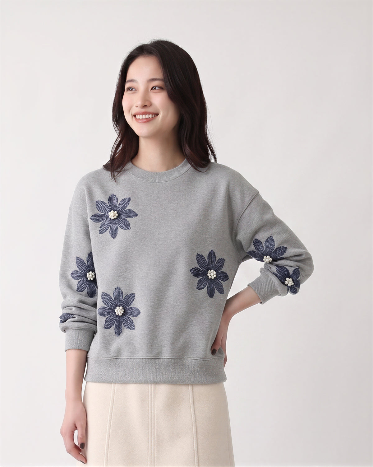 「秋季新品 」S-3XL 立體花朵寬鬆灰色衛衣