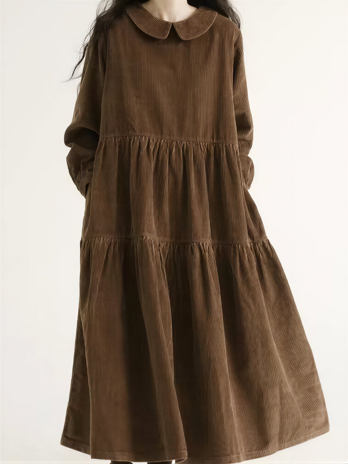 「秋季新品 」 M-2XL 娃娃領寬鬆層次長袖洋裝