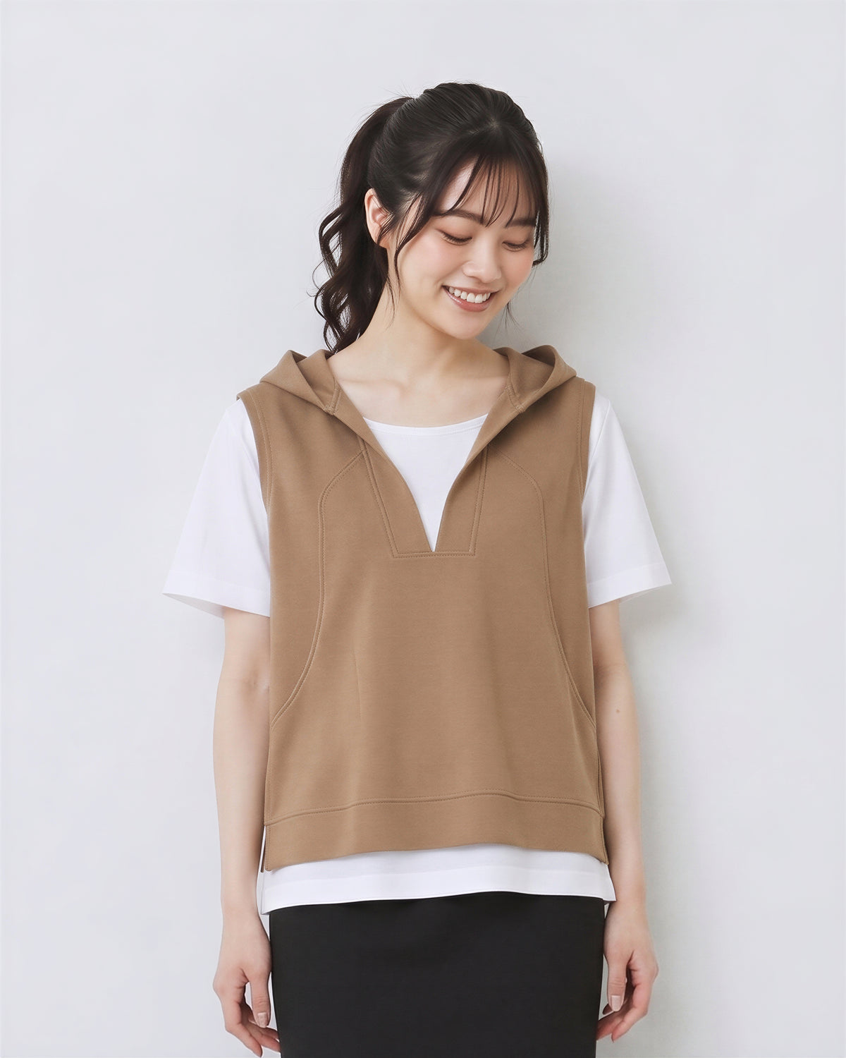 「兩色」M-3XL 連帽V領開衩假兩件T恤