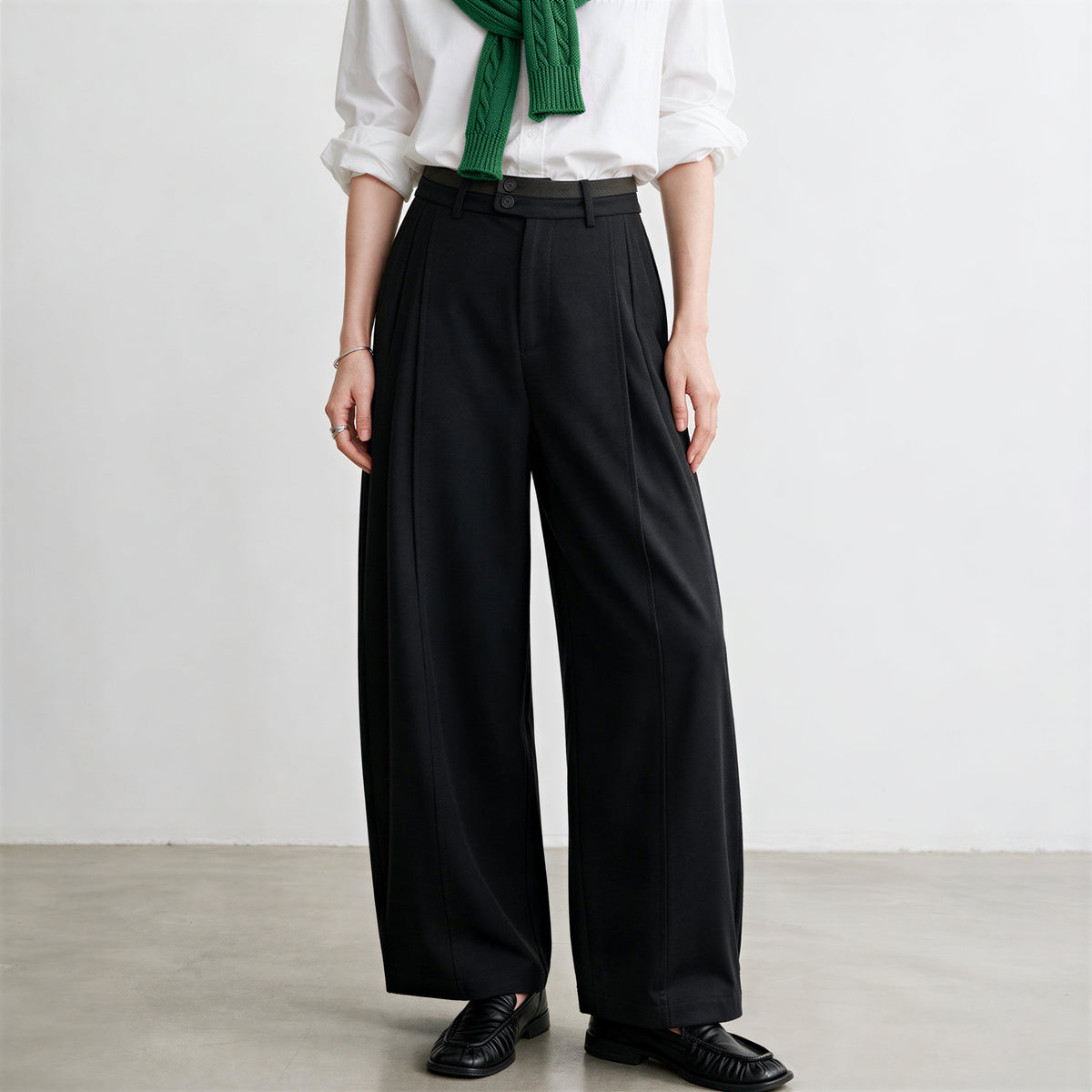 「兩色」「秋季新品 」 M-2XL 高腰修飾胯寬雙扣寬褲