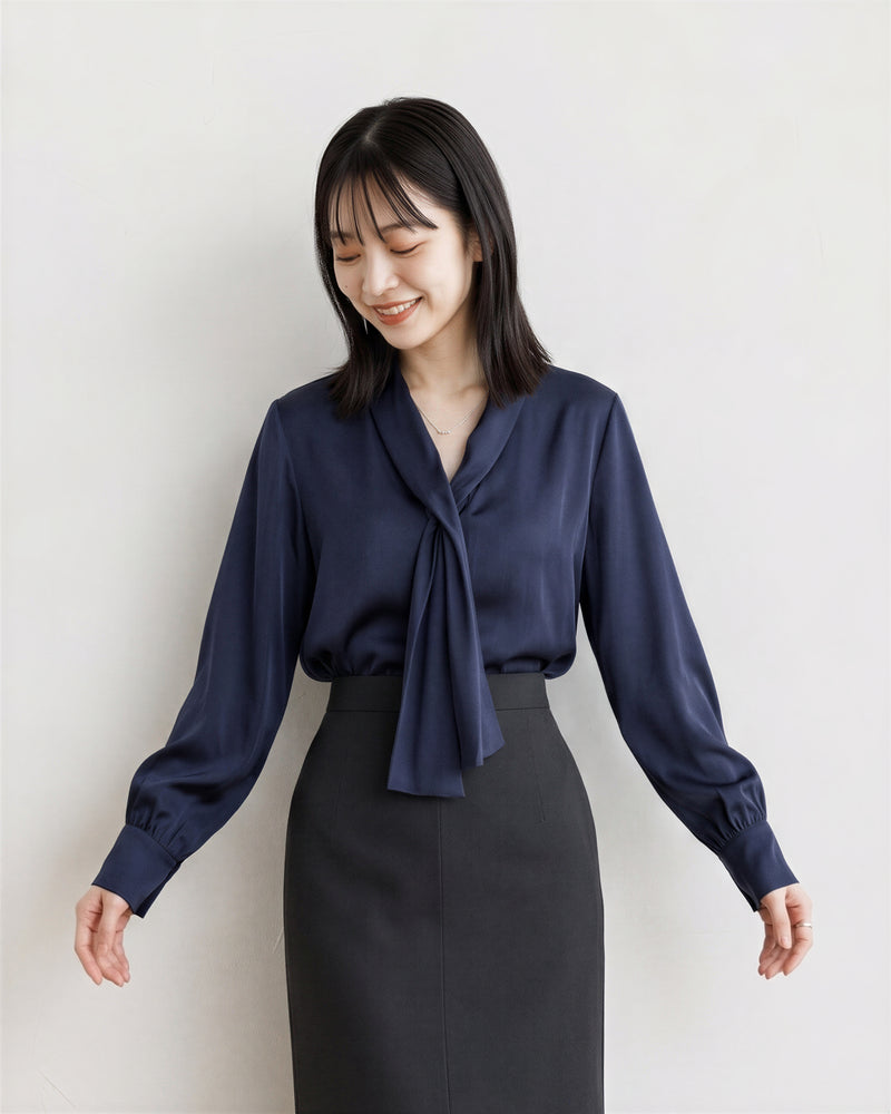 「秋季新品 」「兩色」 M-L  飄帶領垂墜感 | 優雅通勤風寬袖長袖襯衫