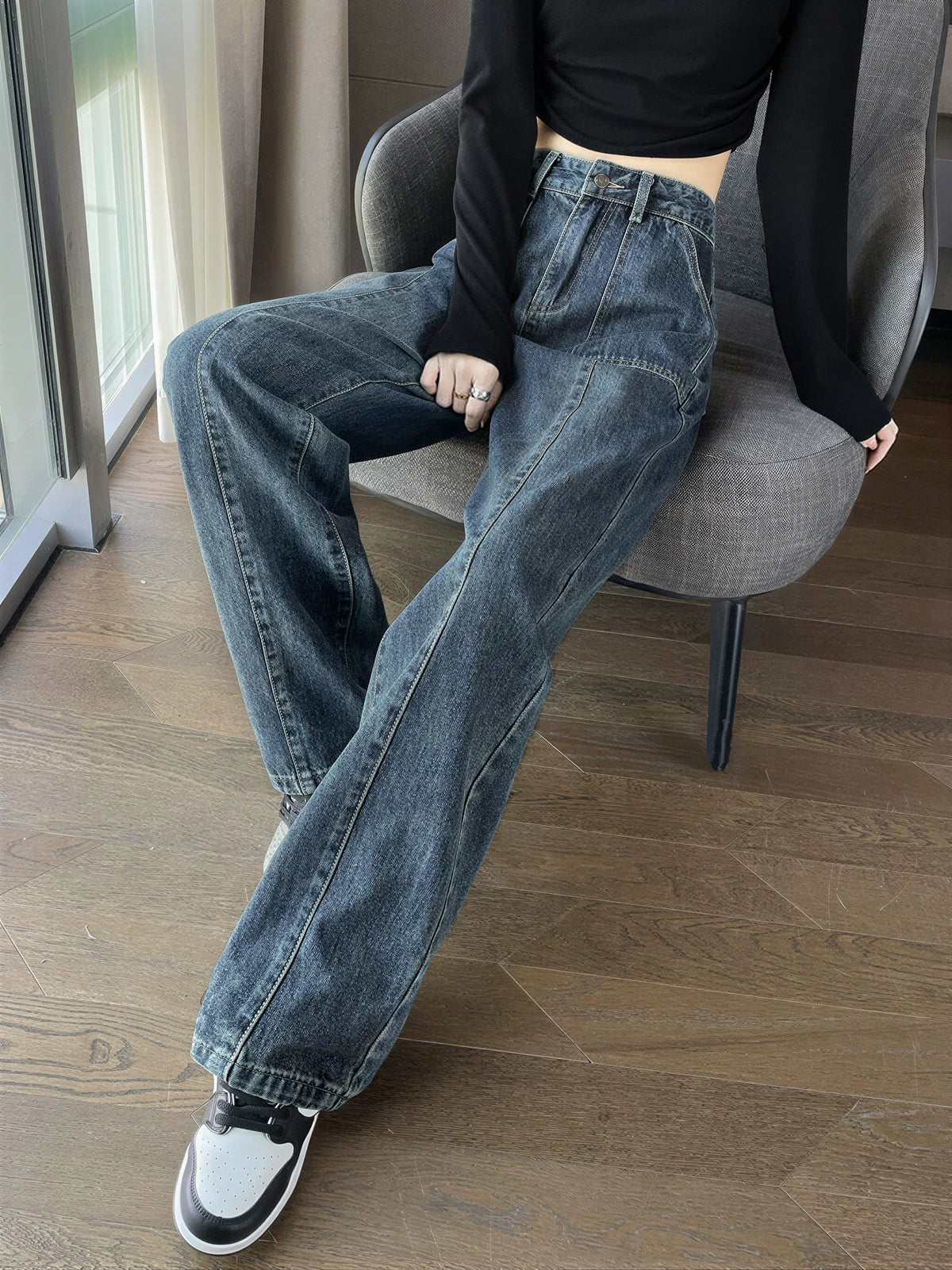 「秋季新品 」 XS-2XL 高腰直筒寬褲牛仔褲