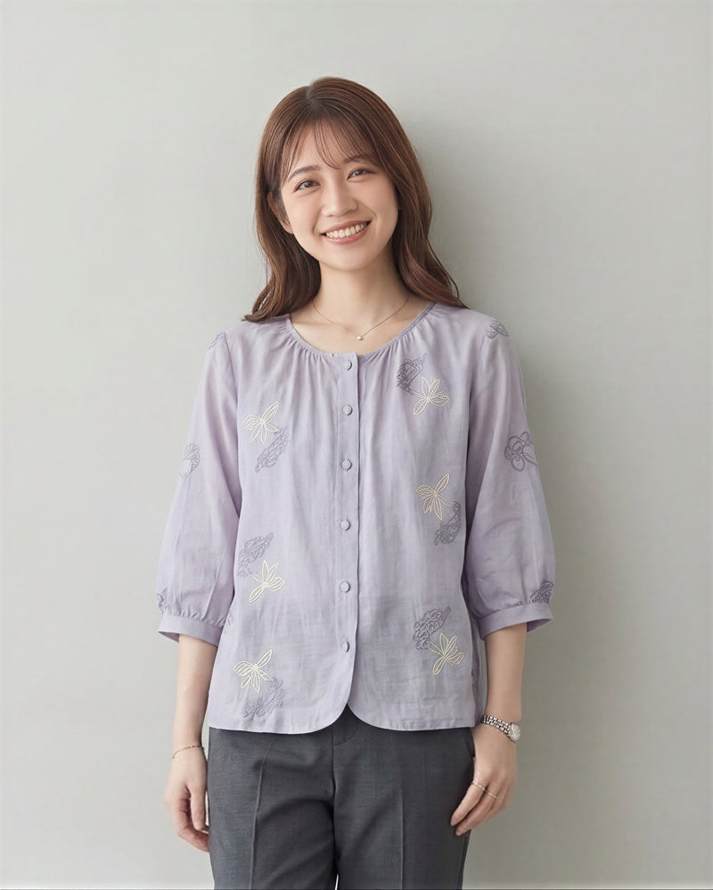 天然苧麻清涼高級感 |  高品質圓領刺繡襯衫