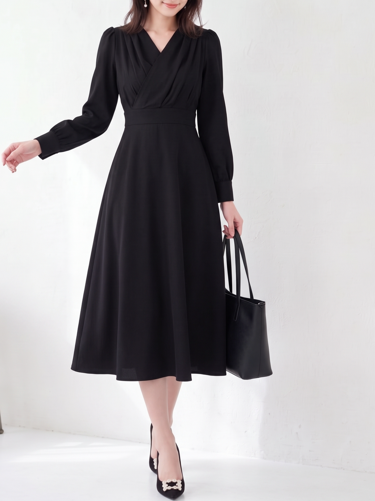 「3色」「秋季新品 」S-XL V領褶襉高腰長袖洋裝