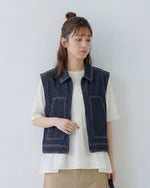 藏青色牛仔翻領拉鍊背心-藏青色-2XL