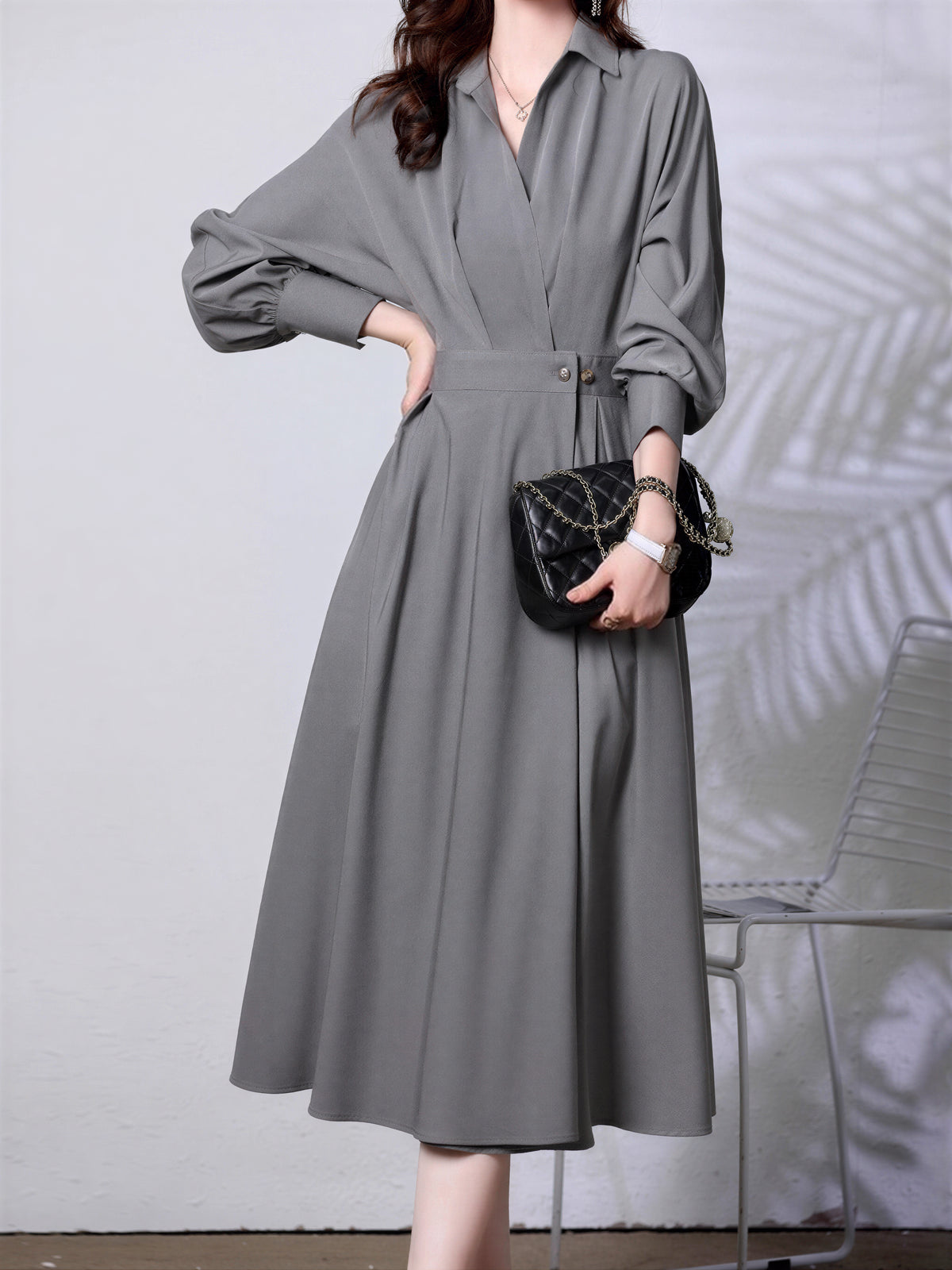 「秋季新品 」「兩色」S-XL 收腰褶襉翻領襯衫洋裝