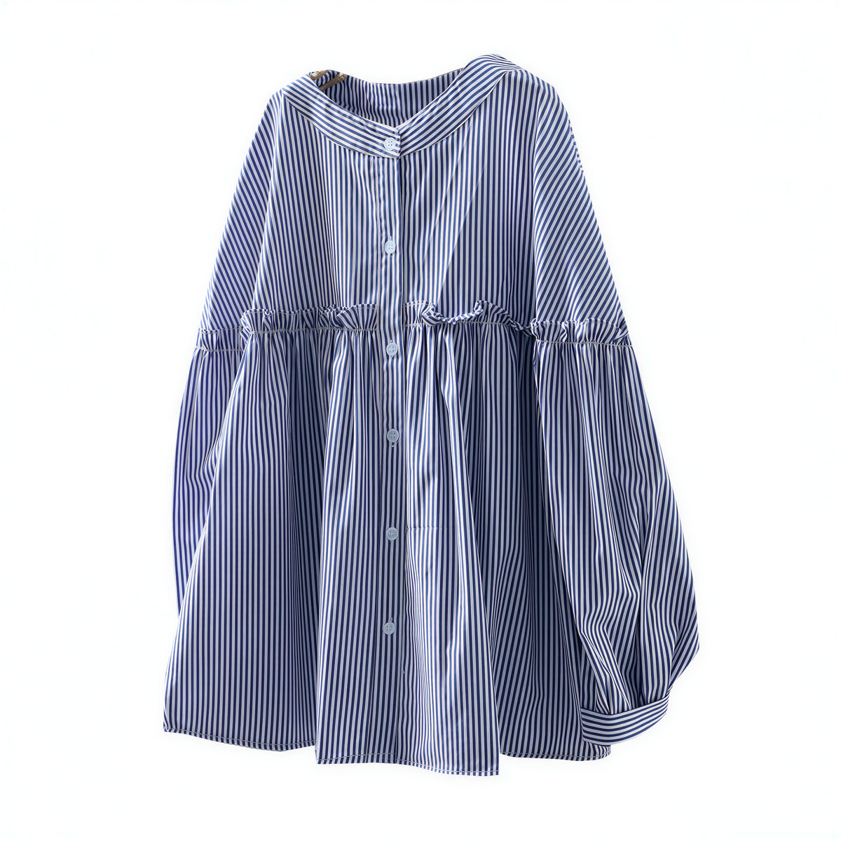 「秋季新品 」M-2XL 藍色 精選優質全棉 | 荷葉邊抓皺寬鬆襯衫