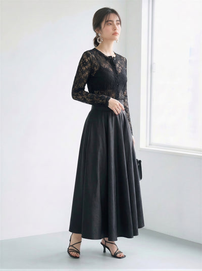 黑色蕾絲拼接收腰傘裙兩件套