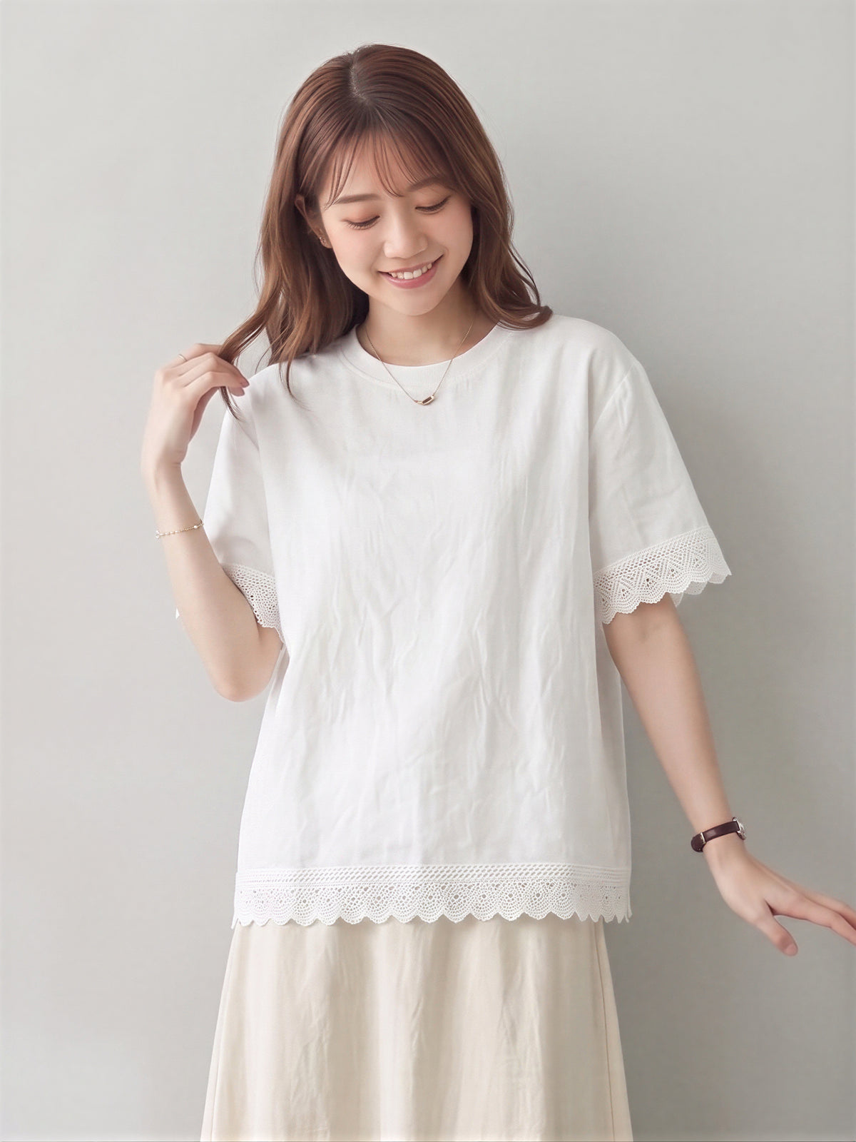 鏤空花邊圓領短袖T恤-白色-2XL
