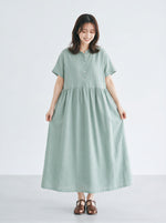 M-2XL 「兩色」立領排扣高腰褶襉長版洋裝