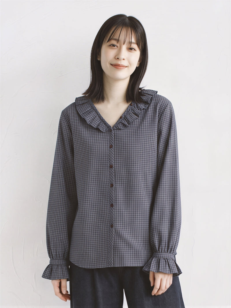 「秋季新品 」荷葉邊V領格紋襯衫
