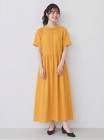 M-2XL 「兩色」立領排扣高腰褶襉長版洋裝