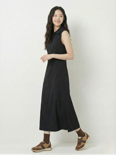 翻領排釦短門襟 修身中長款無袖洋裝