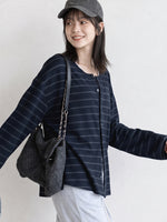 「秋季新品 」「兩色」寬鬆條紋薄款落肩開襟衫外搭