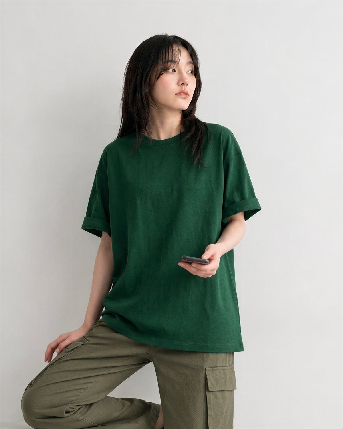 短袖T恤寬鬆廓形中長版休閒落肩棉質上衣-綠色-3XL