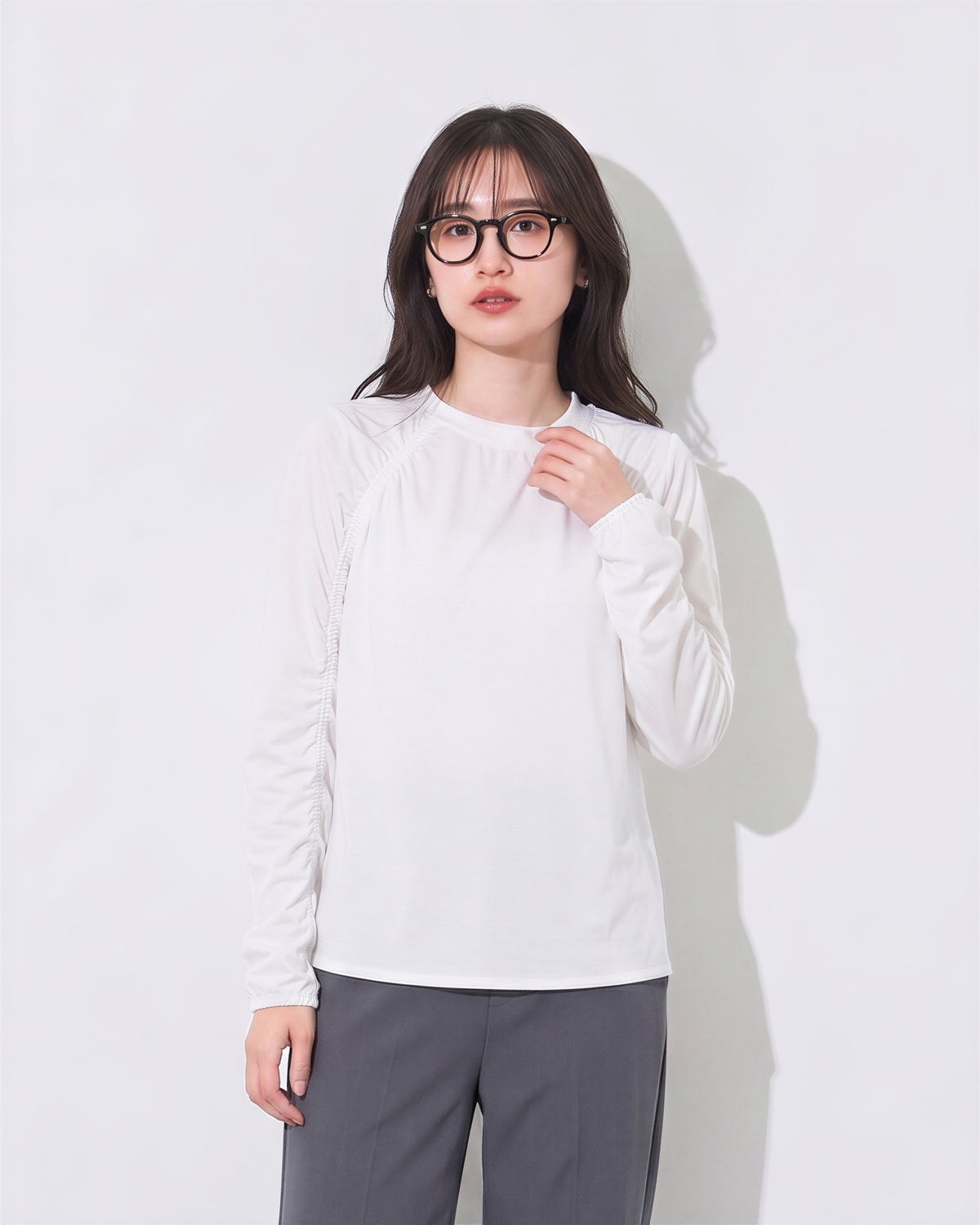「秋季新品 」「兩色」S-XL 抽皺拼線寬鬆長袖T恤